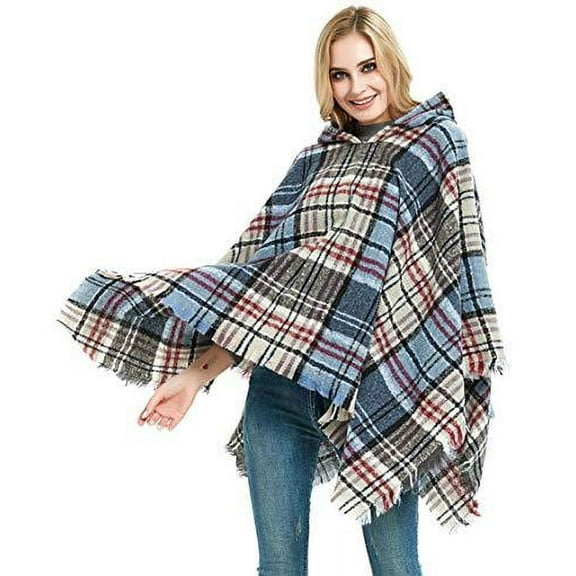 StylesILove Autumn Winter Women Blue Plaid Fringed Hooded Poncho Cardigan Cozy Wrap Jacket