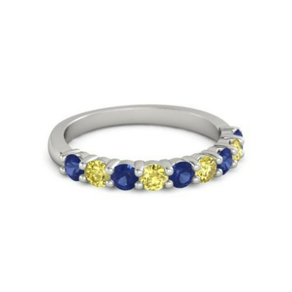 925 Sterling Silver Round 2.50 MM Blue Sapphire Yellow Tourmaline Eternity Ring Size US- 4