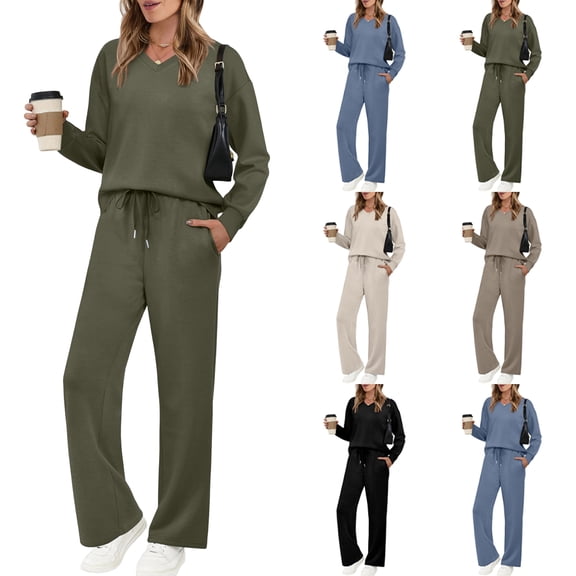 Laqbezok Women's 2-Piece Lounge Set, Casual V-Neck Long Sleeve Sweatshirt and Drawstring Pants Outfit, Relaxed Fit Solid Color Sweatsuit with Pockets