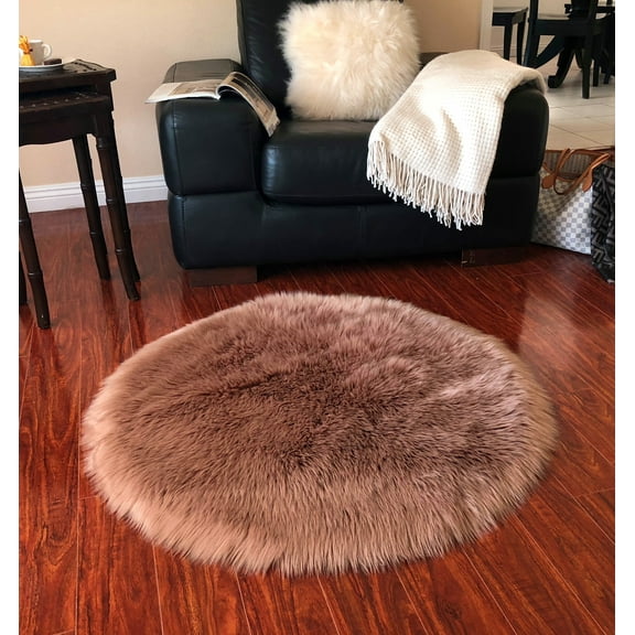 Soho Luxurious Faux Sheepskin Round Shape Camel Shag Area Rug