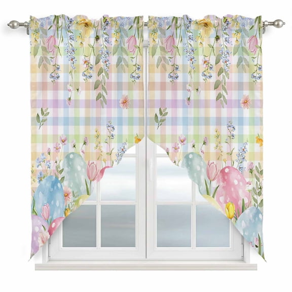 Colorful Easter Swag Valances for Windows 2 Pack, Kitchen Window Curtains 36 Inch Length, Easter Eggs Botanical Spring Floral Privacy Swag Curtains for Living Room/Bathroom with Rod Pocket 36"x36"