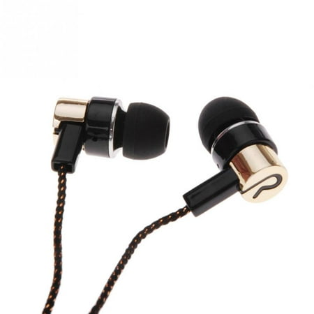black/gold stereo earbuds comfortable fit loud bass + tangle-free braided