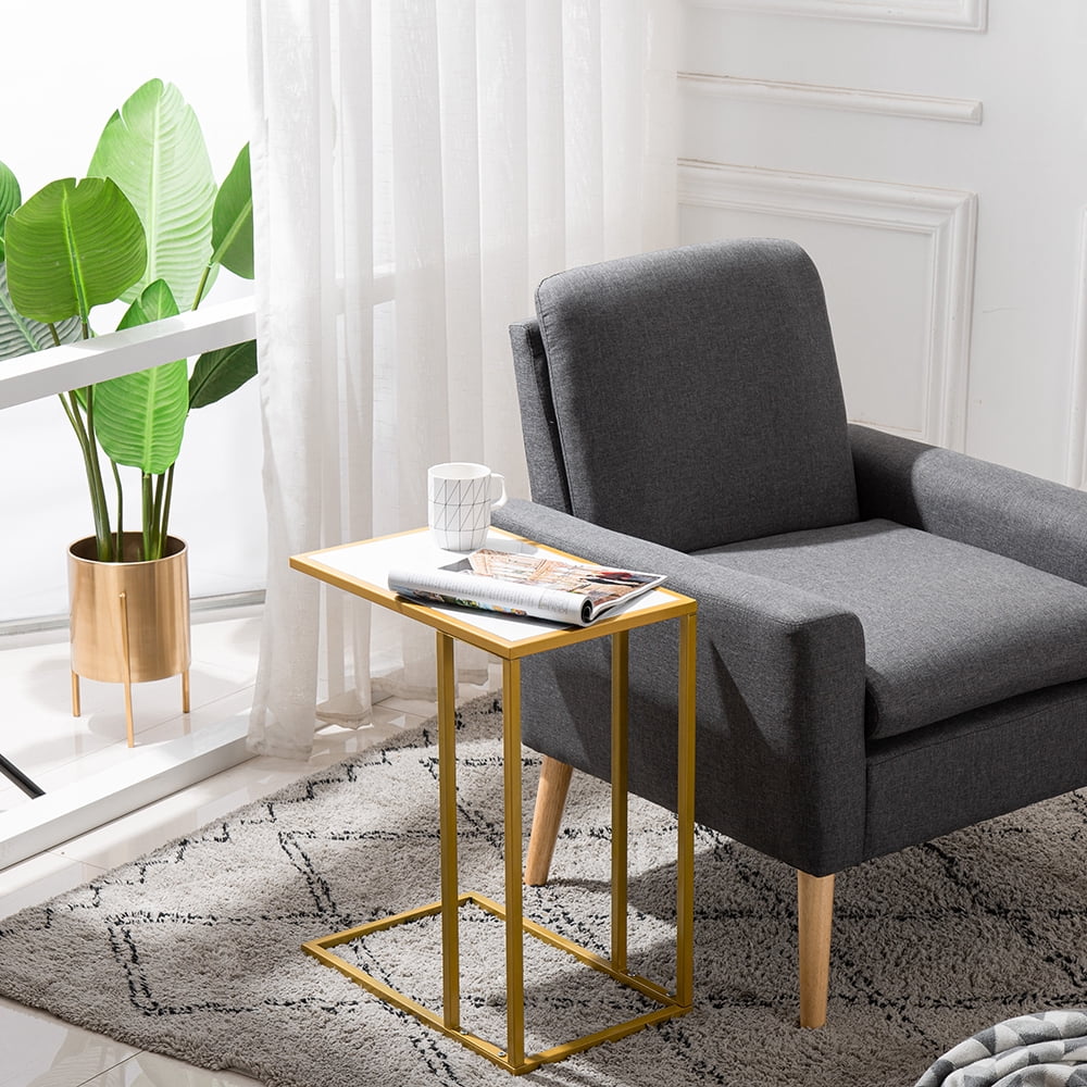 Modern C-Shaped Side Table White Marble Pattern Top Gold Metal Legs Slim Sofa End Table for Small Spaces Living Room Bedroom Apartment