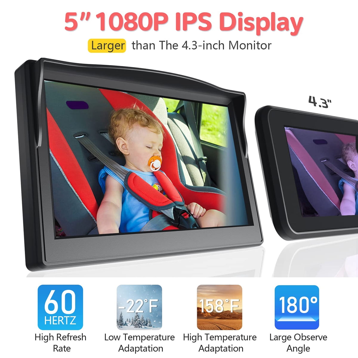 Baby Car Camera,Dual Channel 5''HD IPS Display with 2 IR Night Vision Monitor,Baby Car Mirror 1080P