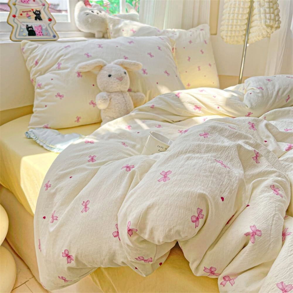 3 Pieces Bow Jacquard Duvet Cover Cartoon Pink Bowknot Pattern Comforter Cover Soft Breathable Cute Coquette Bedding,Full Size