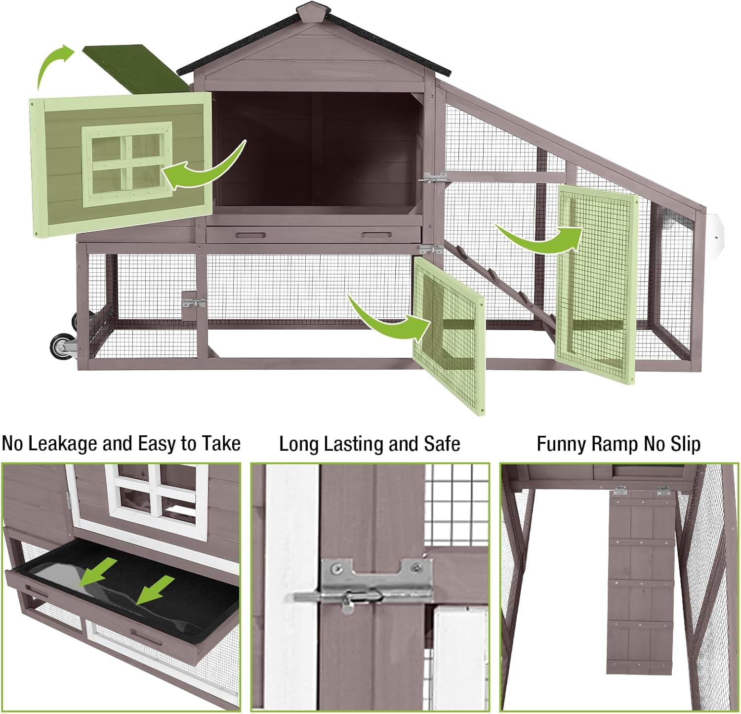 Chicken Coop Mobile Chicken House On Wheel Outdoor Rabbit Hutch for 2-4 Chickens 67"(Brown)