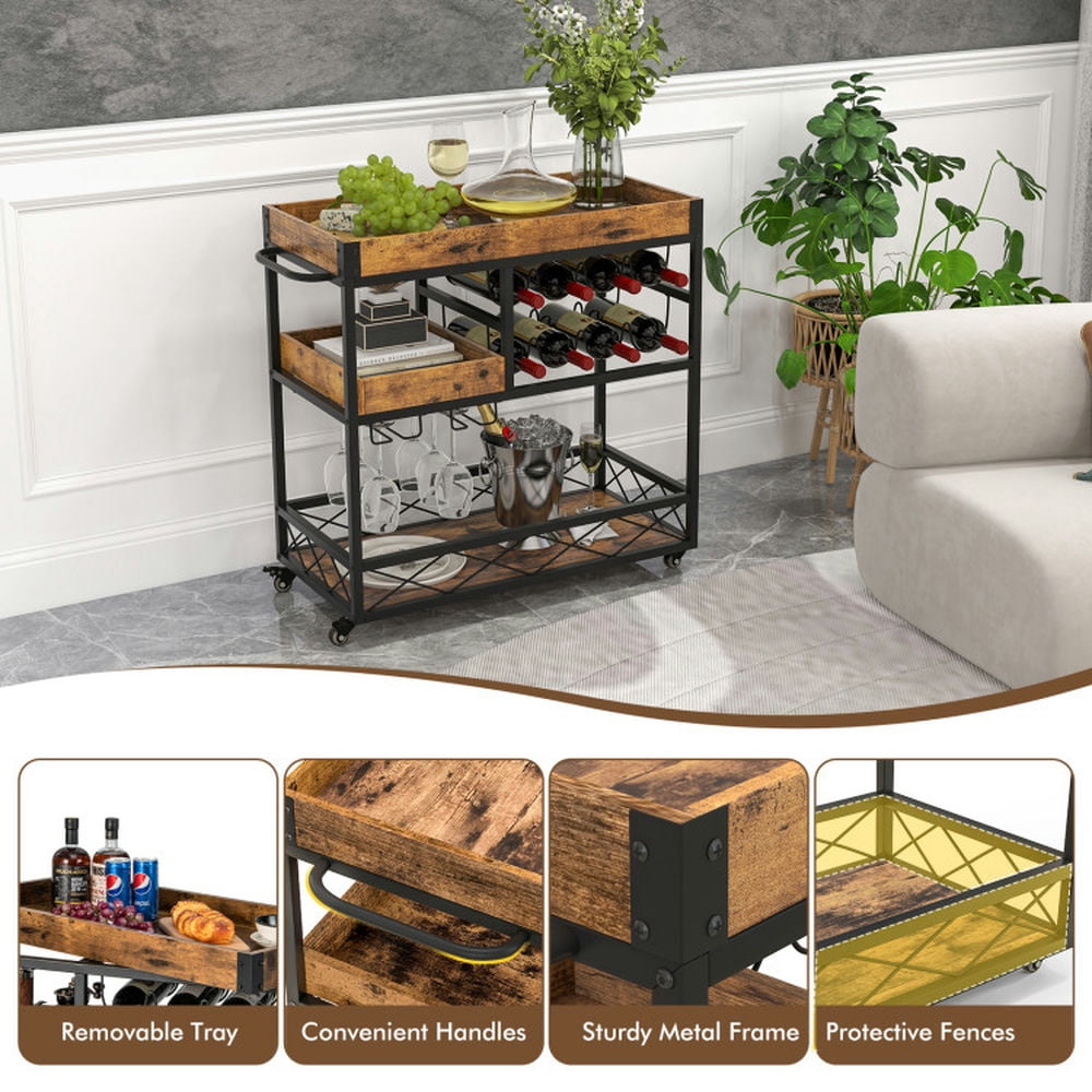 Finihen Rolling Cart, Kitchen Island Cart, 3-Tier Rolling Bar Cart with Removable Tray and Wine Rack, for Kitchen, Dining Room, Rustic Brown Finihen Rolling Cart, Kitchen Island Cart, 3-Tier Rolling Bar Cart with Removable Tray and Wine Rack, for Kitchen, Dining Room, Rustic Brown
