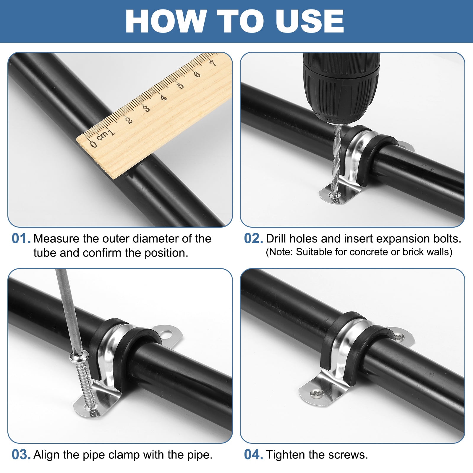 Uxcell 15 Pcs Pipe Strap Clamp, 63mm(2.48") Rubber Cable Clamp Rubber Cushioned 304 Stainless Steel U Bracket Tube Holder Support with Screws for Water Pipe HVAC Cable Management