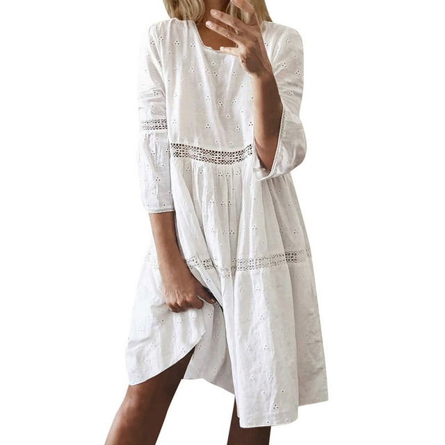 Gspmoly Robes d'Été pour Femmes, Robe pour Femmes de Couleur Unie en Dentelle Patchwork Ajourée Broderie à Manches Trois-Quarts Grande Taille Robes de Cocktail Économies