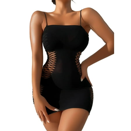 Babydoll Dress for Women  Fishnet Bodysuit  Women s Cut Out Sheer Mesh Babydoll Dress Chemise Skinny Mini Dresses  Sling Strap Side Perspective Fishnet Lingerie  Black