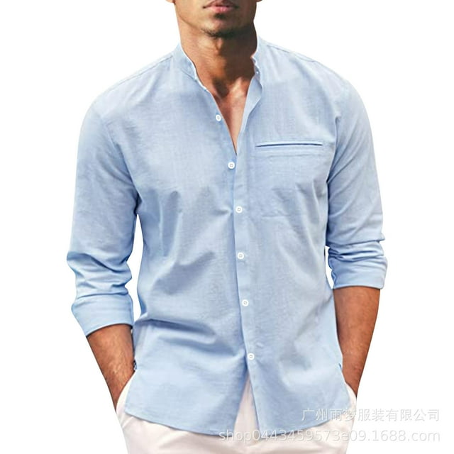 xiaxaixu Men Casual Shirt, Long Sleeve Stand Neck Buttons Solid Color Loose Party Street Spring Summer Tops