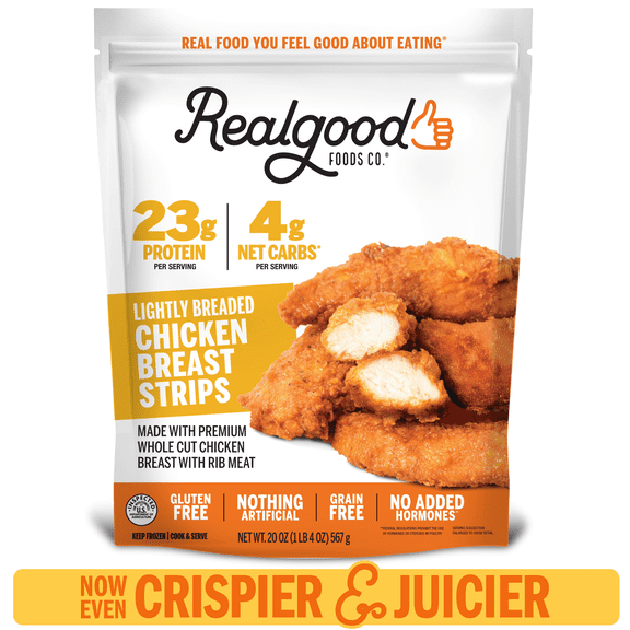 Realgood Foods Co. Lightly Breaded Chicken Breast Strips, Gluten-Free, 20 oz Regular Bag (Frozen)