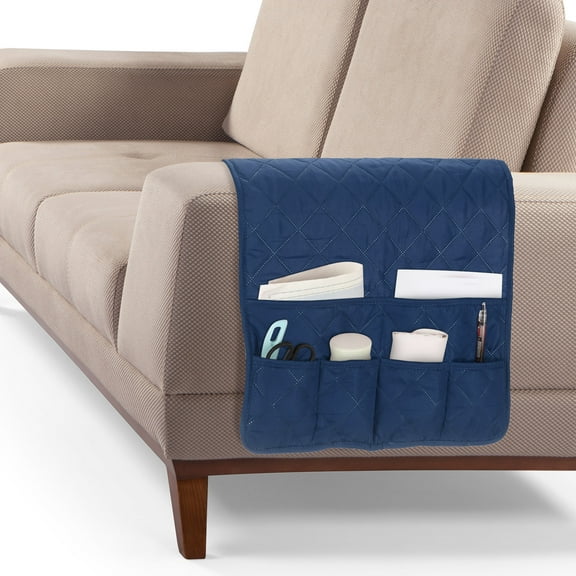 Couch Sofa Armrest Organizer Non-Slip Chair Arm Recliner Remote Control Organizer with 6 Pockets for Books, Magazines, Tablet, Phone, Plaid Navy Blue