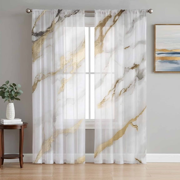 Modern White Gold Sheer Curtains 72 Inch Length 2 Panels Set, Abstract Marble Geometric Voile Window Treatment Rod Pocket Curtains Sheers Drapes for Bedroom/Living Room/Kitchen 52"x72"x2