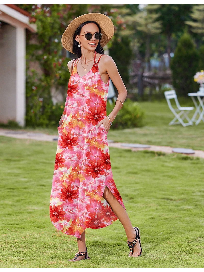Zeagoo Summer Dresses for Women Casual Spaghetti Strap V Neck Sleeveless  Dresses with Pocket - Walmart.com