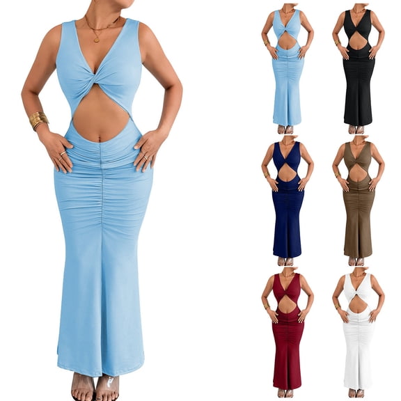 Women's Cross Twist Front Halter Cami Tops and Skirt Summer Solid Color Pleated Slim Fit Dress White