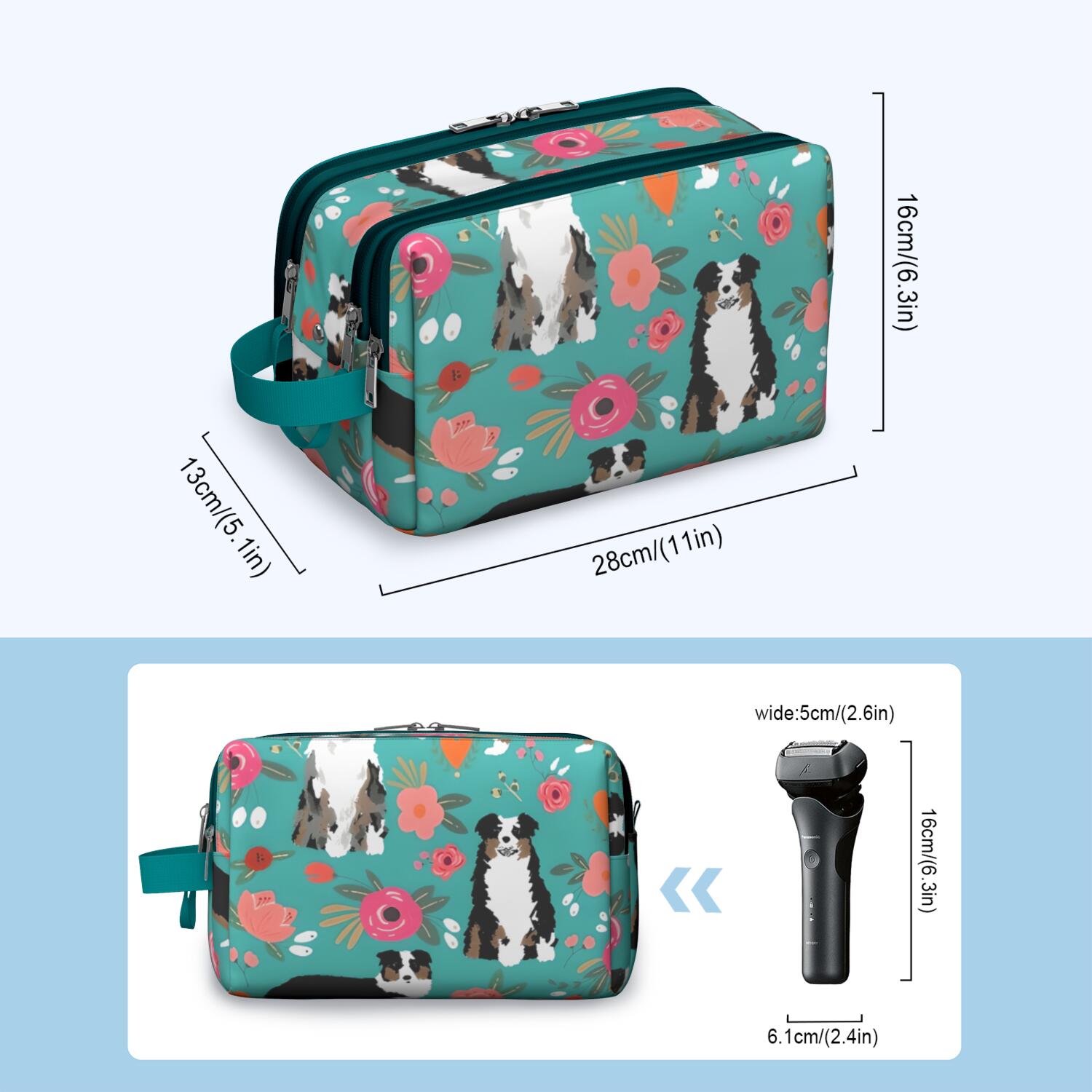 Toiletries Bag,Australian Shepherd Dog and Flower Mens Womens Toiletry Bag Bathroom Bag,Waterproof Toiletry Travel Bag Dopp Kit Shaving Bag 11x6.3x5.1 Inch