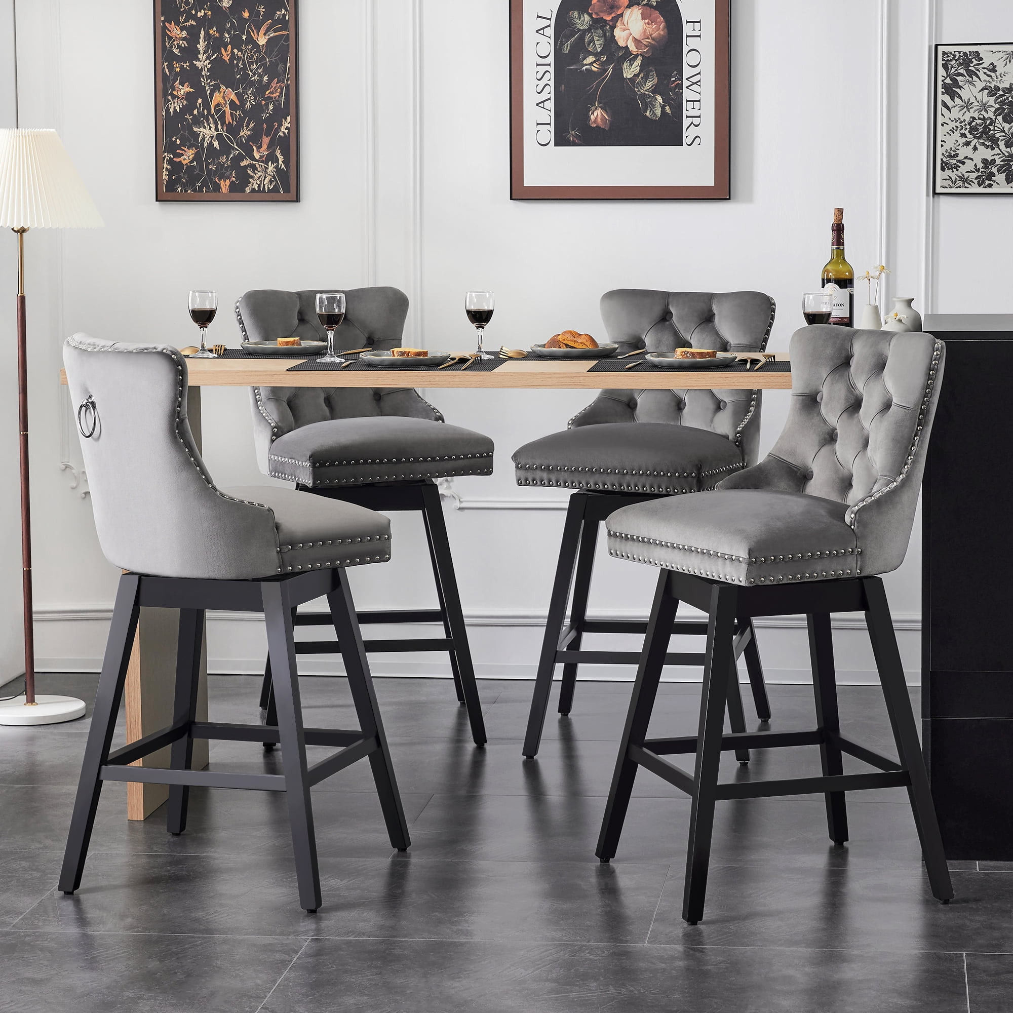 TEWLOSS Swivel Bar Stools Set of 4 - Counter Height, 26" Gray Velvet Barstools for Kitchen Island