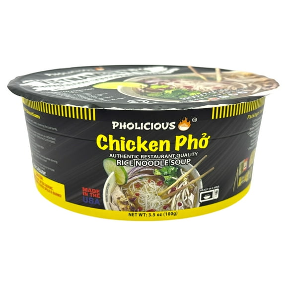 Pholicious Instant Chicken Pho, Vietnamese Rice Noodle Soup, Single Serve 3.6 Ounce Bowls, Ramen Alternative, Fresh Ingredients, As Seen on Shark Tank