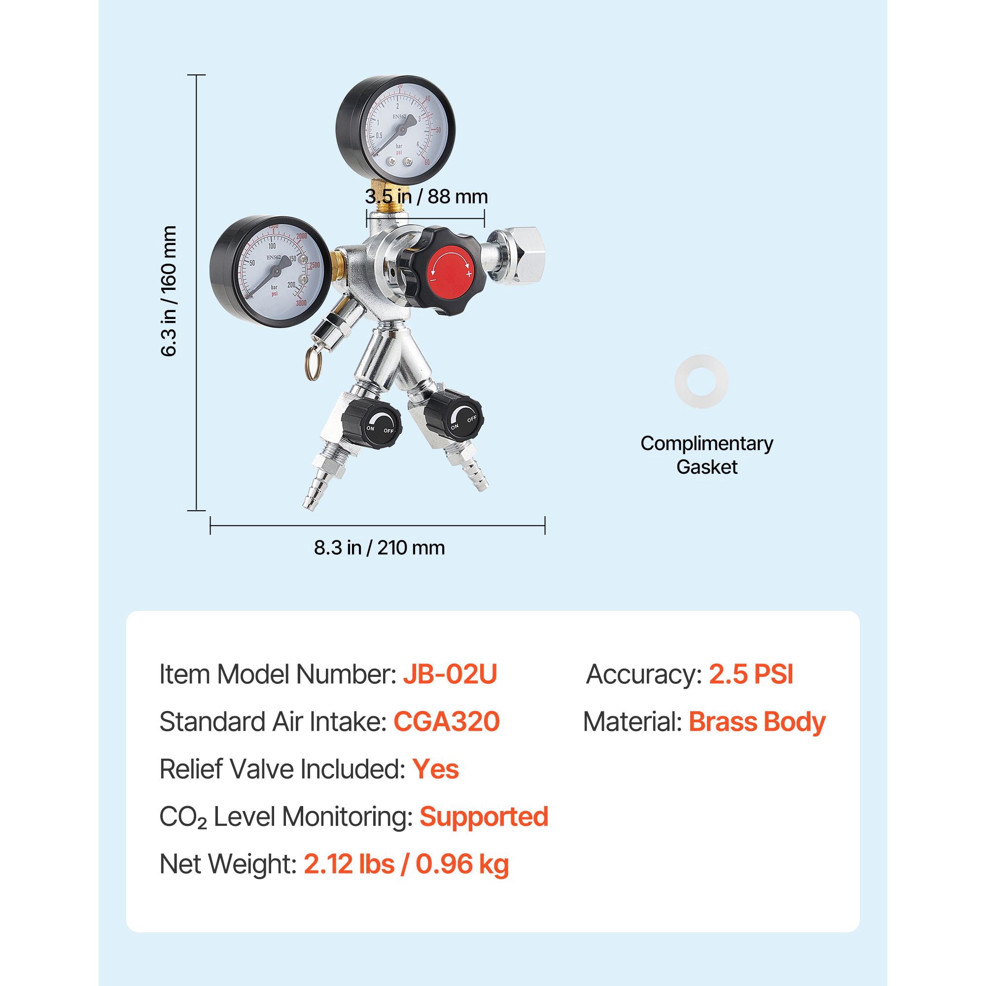 Dual-Gauge CO2 Regulator for Draft Beer, 0-60 PSI Adjustable Keg Regulator with CGA320 Interface, Heavy-Duty Gas Regulator for Homebrewing and Kegerators