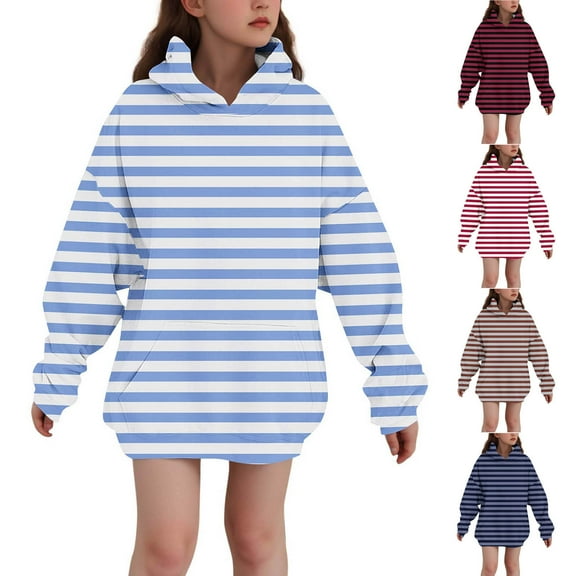 Ashirexll Oversize Hoodie Long Sleeve Shirts 3-14 Years Stripe Fashion Casual Fleece Lined Warm Winter Hooded Sweatshirt for Kids