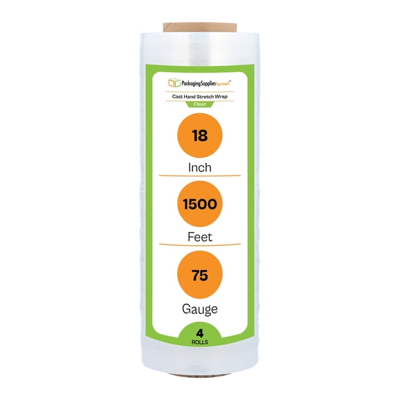 PSBM Stretch Wrap 18 Inch x 1500 Feet 75 Gauge 4 Rolls Clear Plastic Cast Hand Shrink Film for Packaging Moving Packing Pallets