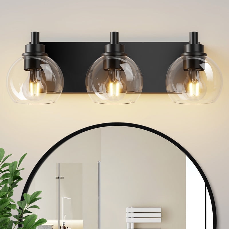 GCGAFUL 19 in. 3-Light Matte Black Modern Dimmable Bathroom Vanity Light with Clear Glass Globe Shade