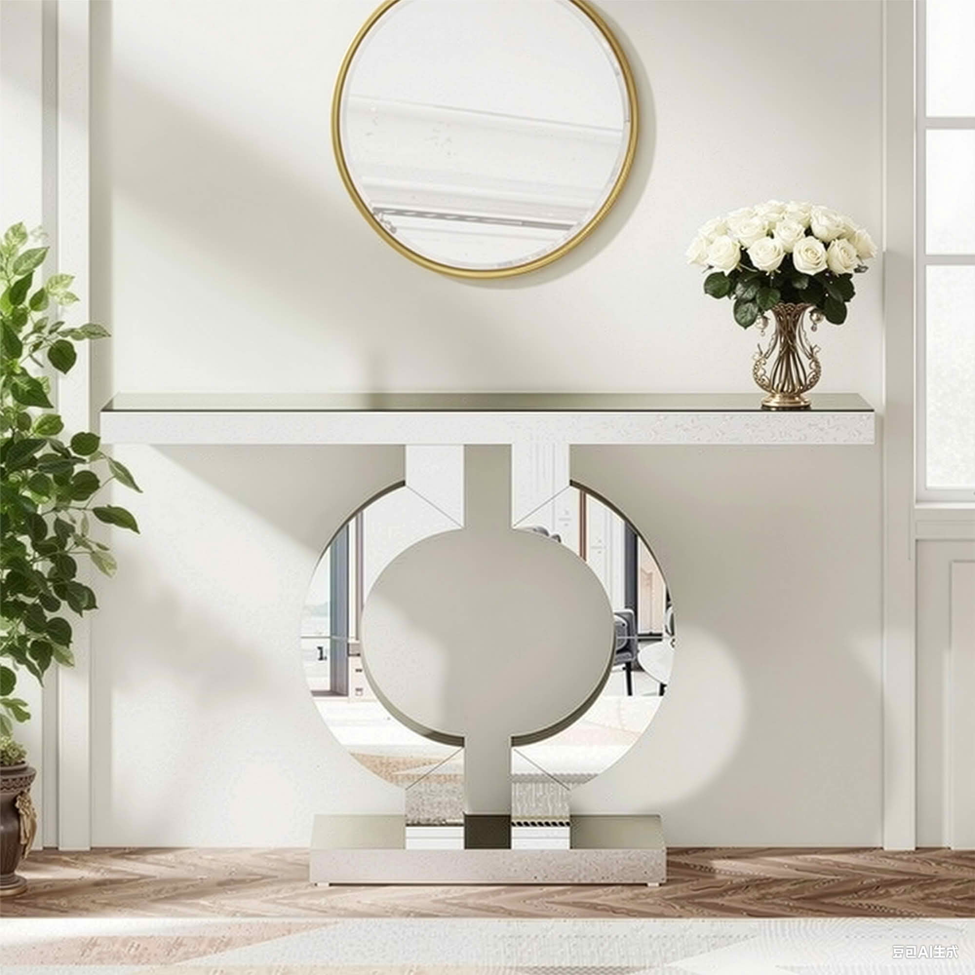 MAYEERTY 43" Modern Mirrored Console Table, Shiny Acrylic Veneer O-Shaped Silver Sofa Table for Entryway Living Room Bedroom