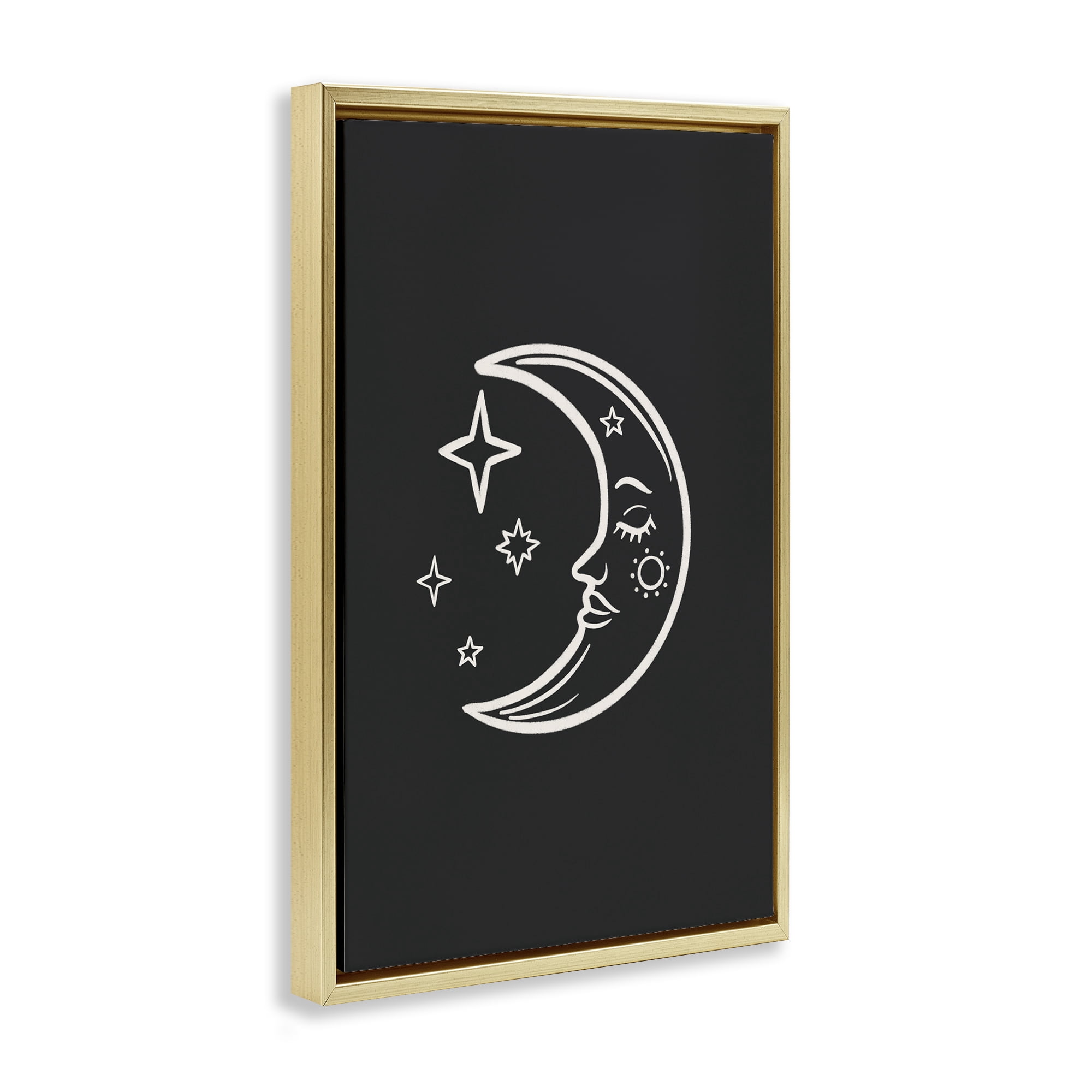 Stupell Industries Moon & Stars on Black Astrology & Stars Painting Gold Floater Framed Canvas Art Print Wall Art, 17 x 25