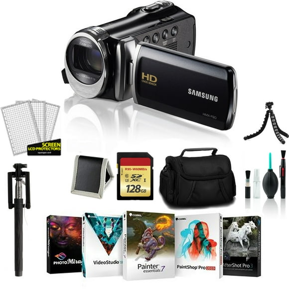 SAMSUNG HMX-F90 HD CAMCORDER Black (HMX-F90BN/XAA) 480/60p Video 52x optical zoom- Bundle with 128GB Memory Card, Carrying Case, Cleaning Kit, Corel Photo-Video-Art Suite + More