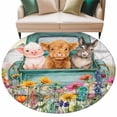 thumbnail image 2 of Farm Animals Round Living Room Rugs 6 ft, Funny Pig Cow Donkey Retro Truck Spring Wildflower Washable Area Rug with Non-Slip Sturdy Edge Binding Round Carpet for Kitchen Office Bedroom, 2 of 9