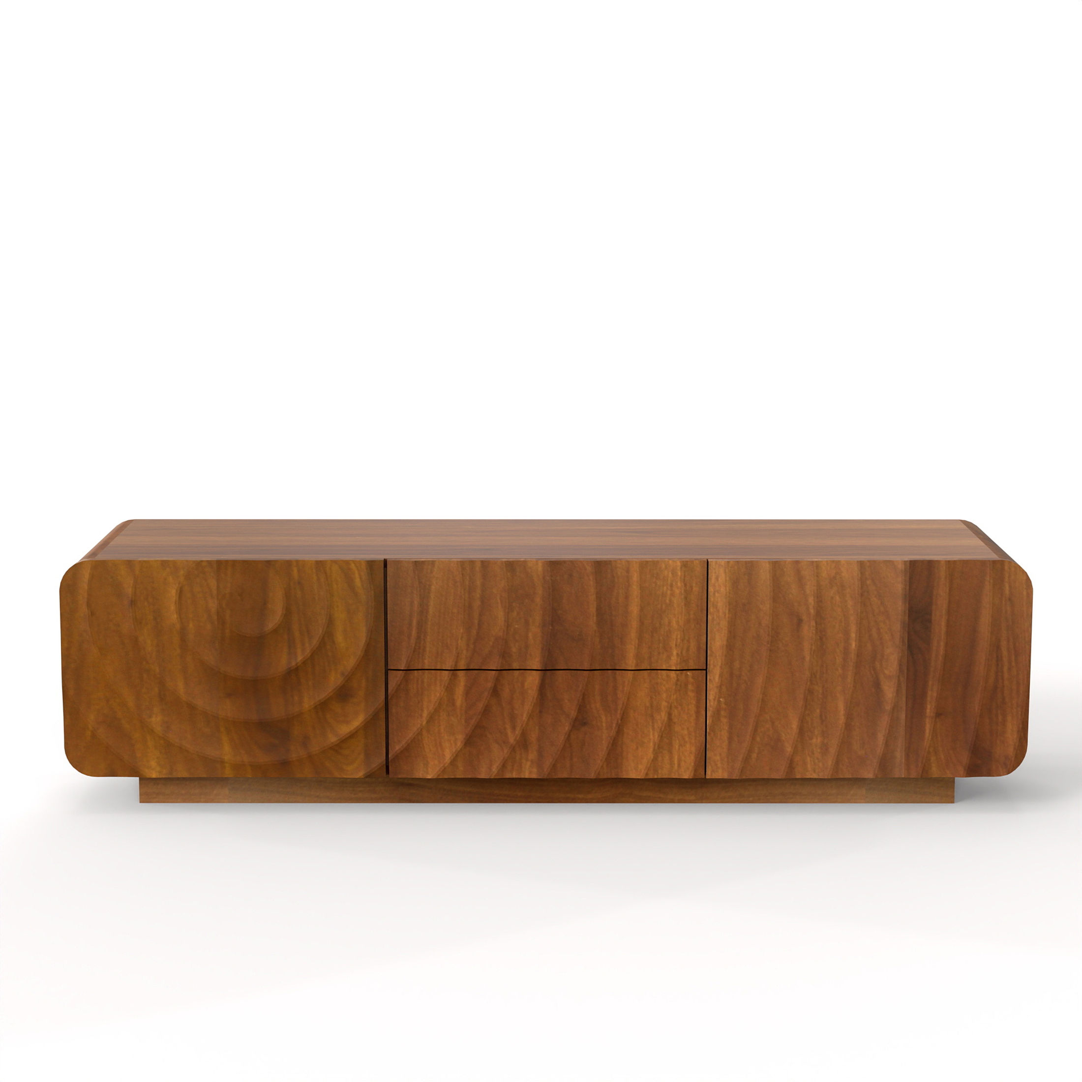 Noble House Mavor 58" Modern TV Stand Console with Storage Drawers, Spiral Wave Pattern Cabinet for Living Room, Walnut