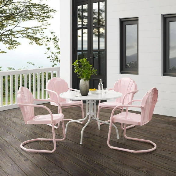 Maykoosh Timeless Tradition 5-Piece Outdoor Metal Dining Set (Dining Table 98.5" L x 121.5" W x 37" H) in Pastel Pink Gloss and White Satin - Perfect for Vintage-Inspired Outdoor Gatherings