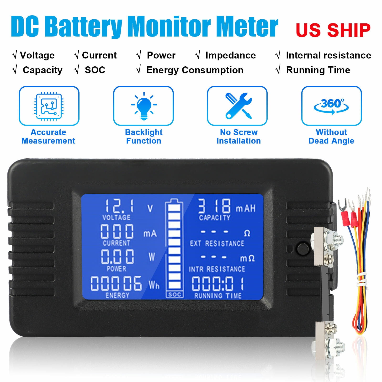 LCD Display DC Battery Monitor Meter 0200V Volt Amp For Car RV Solar