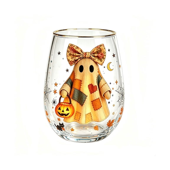 SLYNSHome Fall Harvest Stemless Whiskey Glass,Ghost With Pumpkin Gold Rim Crystal Tumbler For Wine And Cocktails, Lead Free Heavy Base Drinkware For Home Bar