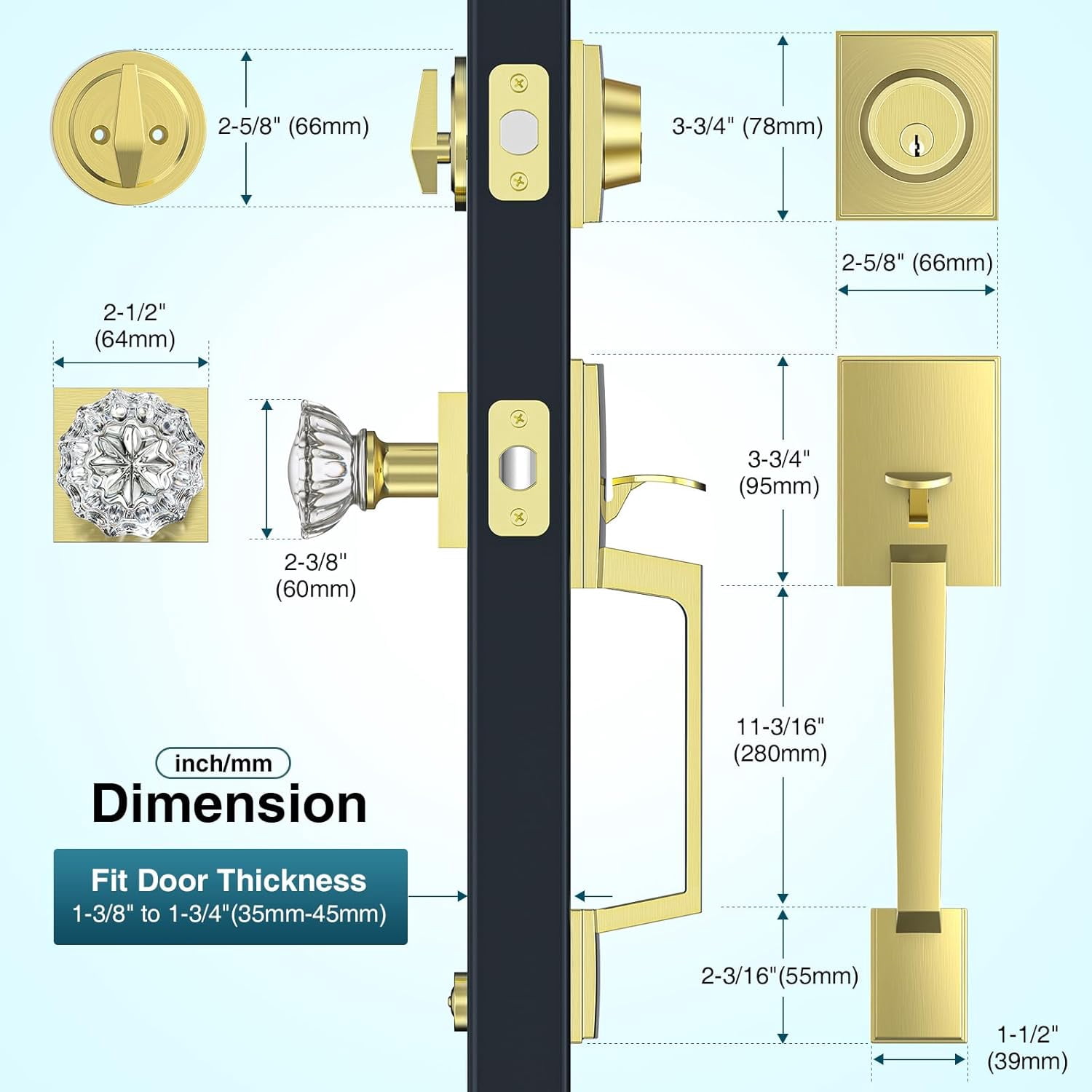 Satin Brass Front Door Handle and Deadbolt Set, Front Door Lock Set with Crystal Glass Door Knob, Exterior Door Lock Set with Single Cylinder, Reversible for Right & Left, Gold