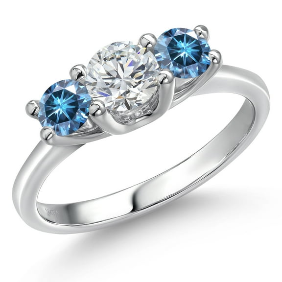 Gem Stone King 14K White Gold White Lab Grown Diamond & Persian Blue Moissanite Engagement Ring | 0.96 Cttw | Round 5MM and 4MM | Three Stone Wedding Anniversary Promise Ring for Women (Size 5)