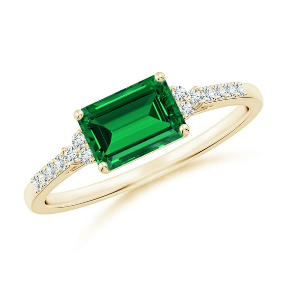ANGARA Lab Grown 1 Ct Emerald-Cut Emerald Side Stone Engagement Ring for Women in 14K Yellow Gold (Size-7x5mm) | May Birthstone, Birthday, Anniversary, Jewelry Gift for Women | Lab-Grown Emerald Ring