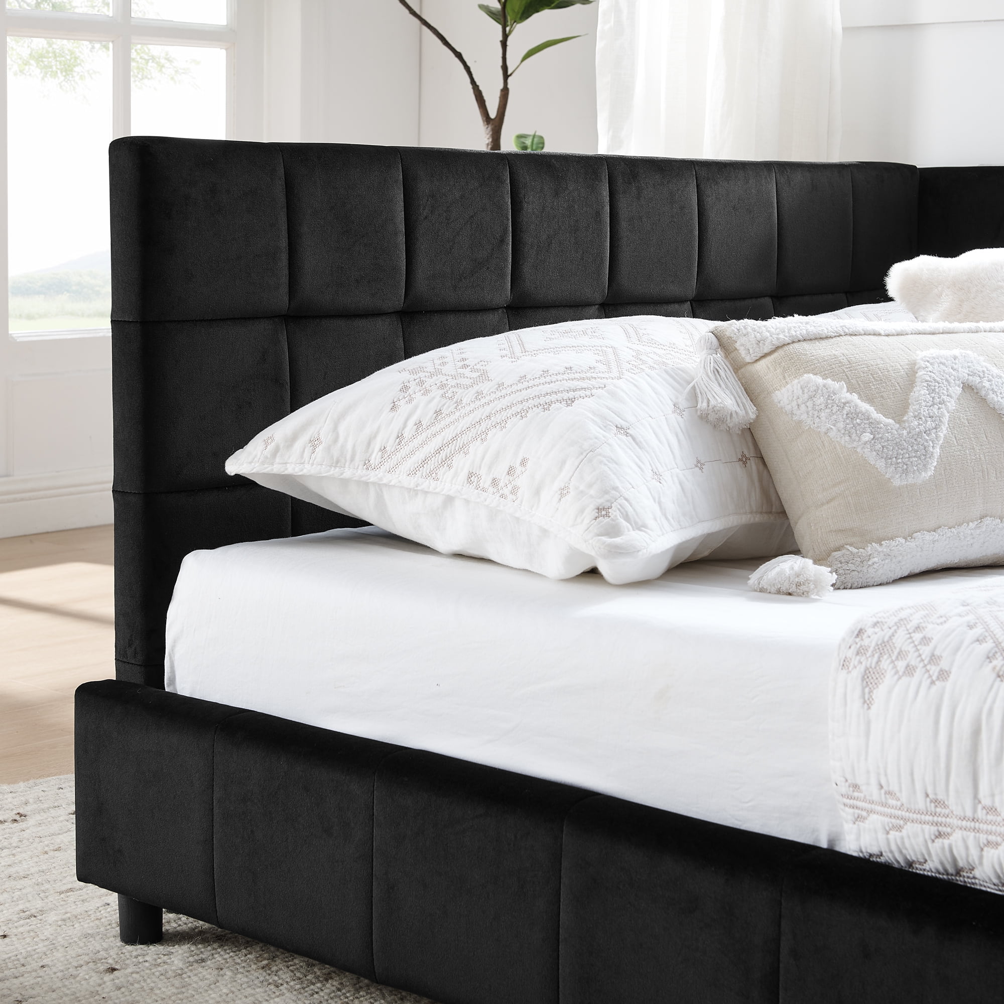 Gewnee Black Velvet Upholstered Full Size Multifunctional Daybed Sofa - Solid Eucalyptus Wood Frame with Backrest for Bedroom and Living Room
