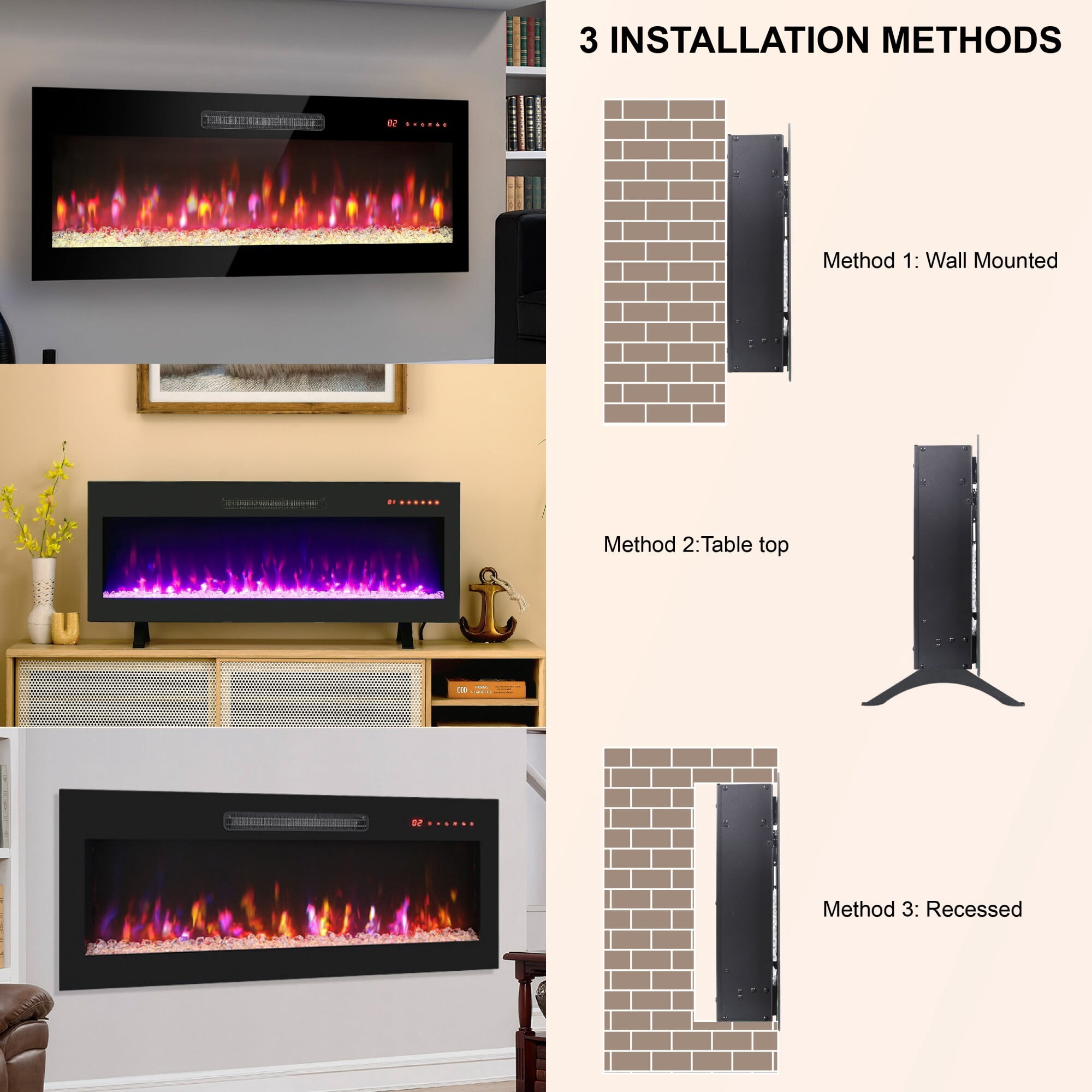 AENKYO 36'' Electric Fireplace with 3D Flame, 16 Colors, Remote Control, Wall Mount/Recessed/Freestanding, Black