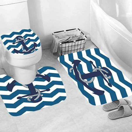 4pcs Navy Blue Anchor Shower Curtain Set With Non Slip Rugs And Toilet Lid Cover White - Navy Blue Toilet Seat Cover Set
