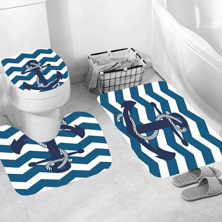 4pcs Navy Blue Anchor Shower Curtain Set With Non Slip Rugs And Toilet Lid Cover White - Navy Blue Toilet Seat Cover Set 4pcs Navy Blue Anchor Shower Curtain Set With Non Slip Rugs And Toilet Lid Cover White - Navy Blue Toilet Seat Cover Set