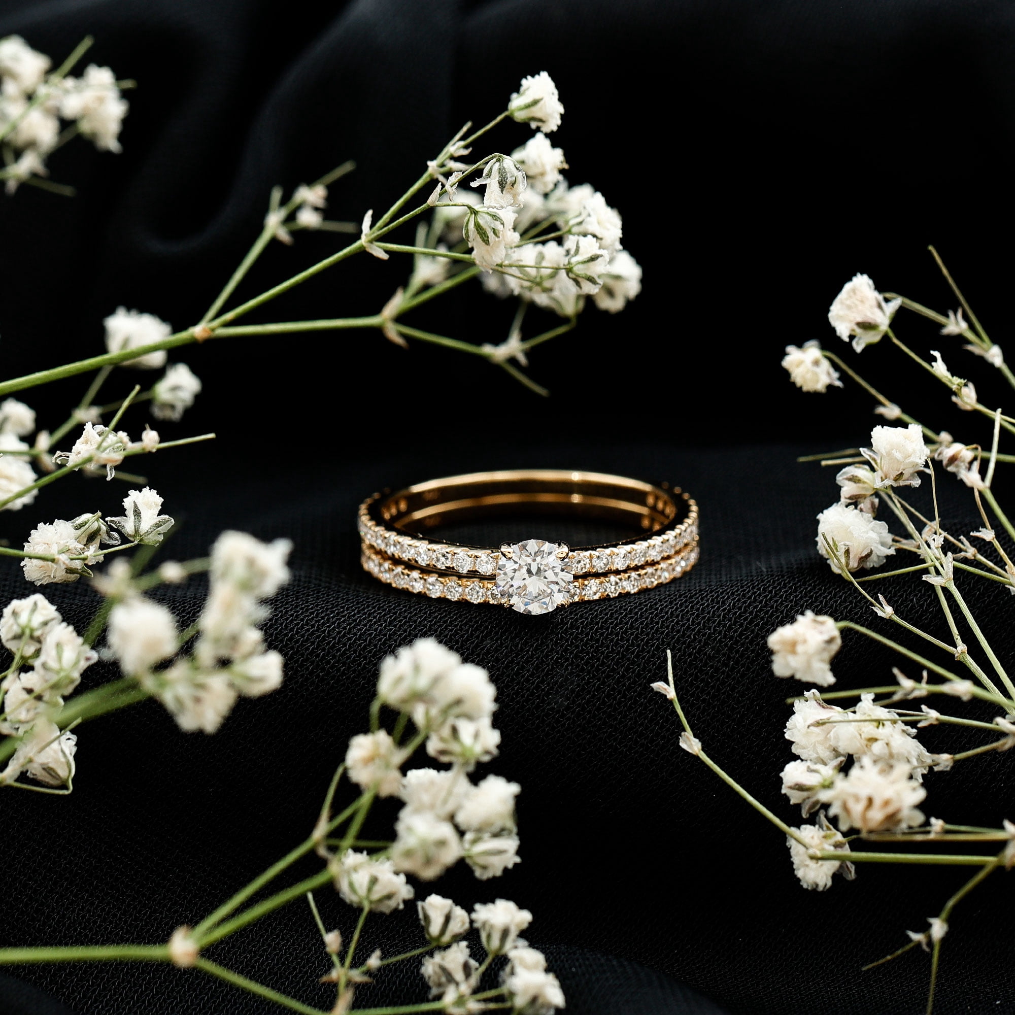 Rosec Jewels Wedding Rings Set for Women - Lab Created Diamond Engagement Ring with Band (Ef-Vs Quality), 10K Yellow Gold, US 4.00
