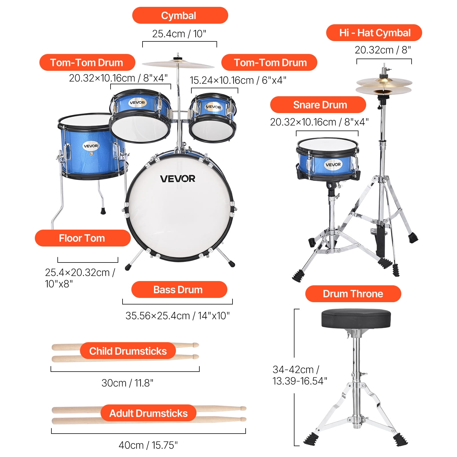 VEVOR Kids Drum Set, 5-Piece 14 in Junior Drum Sets, Beginner Drums Set with Adjustable Throne,Cymbal & Two Pairs of Drumsticks, Musical Learning Drums Instruments Kit,for Children Ages 6-13 (Blue)