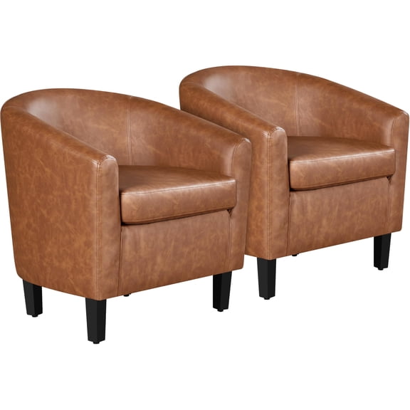 Brown Faux Leather Barrel Armchair Set of 2, Club Chairs with Round Arms