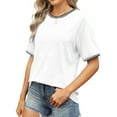 thumbnail image 3 of MOSHU Dressy Women Tops Crewneck Blouses for Women Striped Colorblock Short Sleeve Shirts Casual Summer Tops, 3 of 8