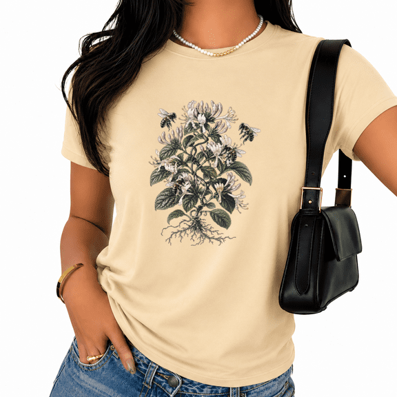 Cozymy Women's Botanical Roots Floral Tee Vintage Honeysuckle Bee Graphic Short Sleeve Nature Shirt