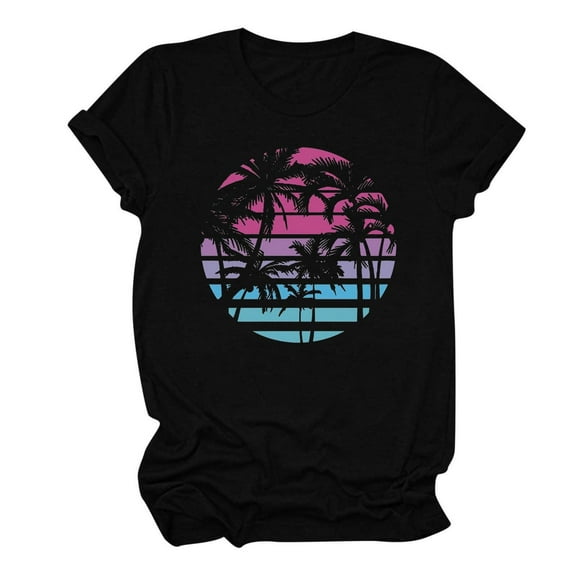RQYYD Beach Shirts for Women Hawaiian Graphic Short Sleeve Crewneck Tees Pullover Sunshine Summer Vacation Vintage Tshirt Tops