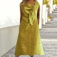 thumbnail image 2 of SMihono Cotton Linen Dress for Women Solid Color Round Neck Sleeveless Sundress Fashion 2025 Pleated Dresses with Pocket Yellow S, 2 of 3
