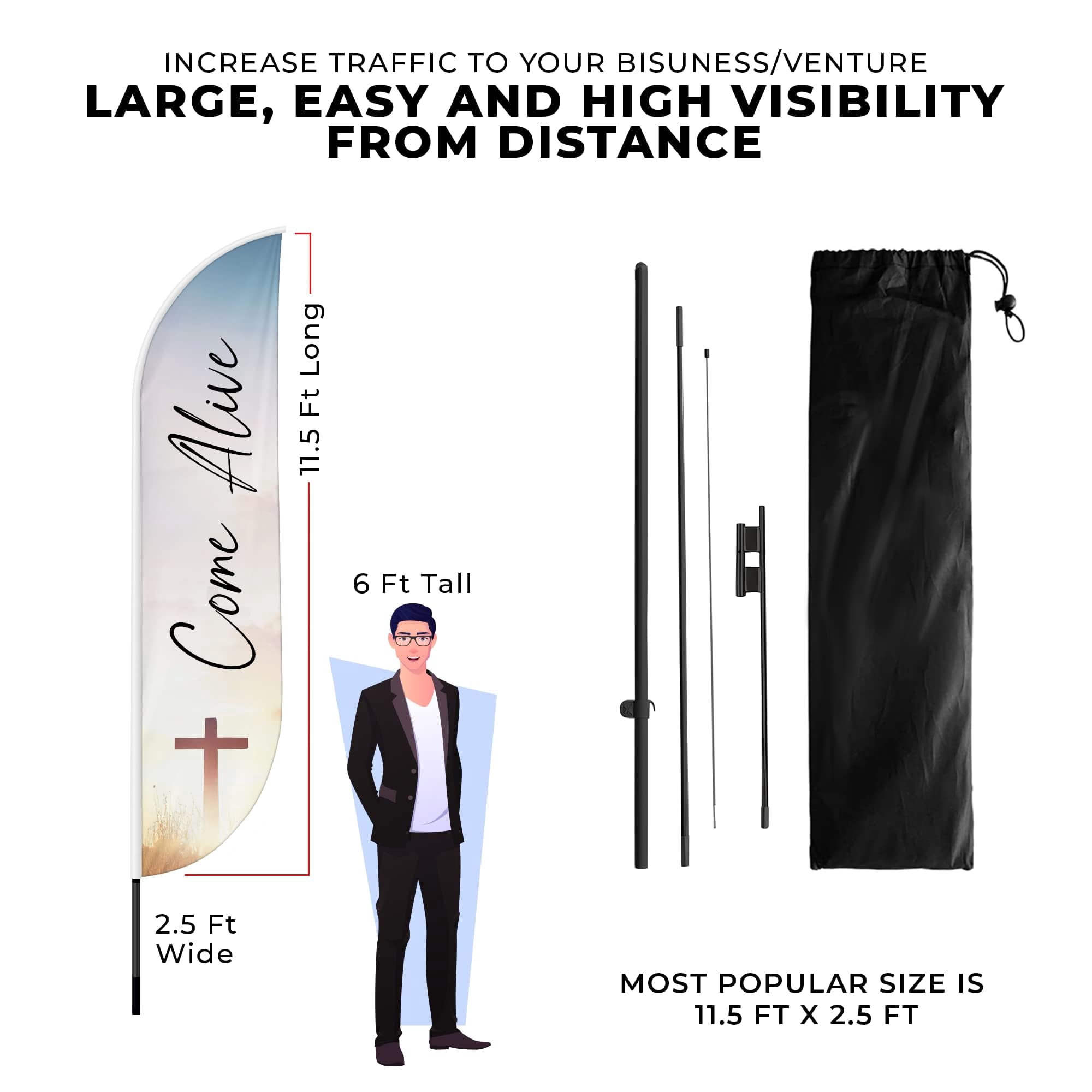 Church Feather Flag(11.5feetX2.5feet) by DreamController | Outdoor Business Advertising Tall Flag | Weather-Resistant Knitted Swooper Flag | Made in USA | HD Print (Flag Only)